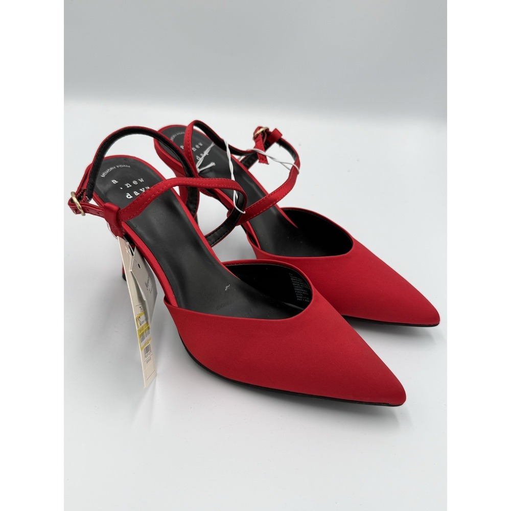 A New Day Red Satin Pointed Toe Crisscross Ankle Strap Heels 7.5 Memory Foam